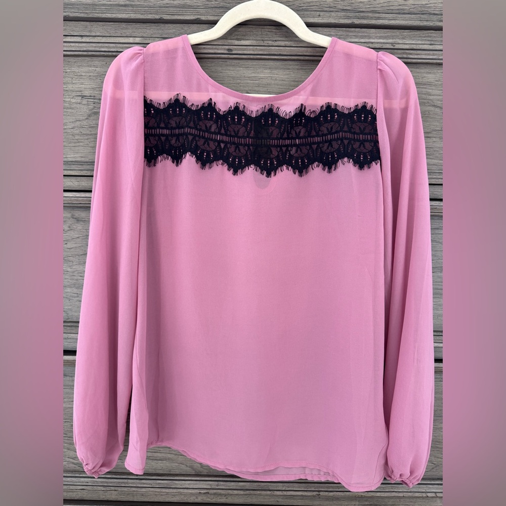 Chiffon Blouse Black Lace Dusty Rose Pink Sheer Puff Sleeve Long Small